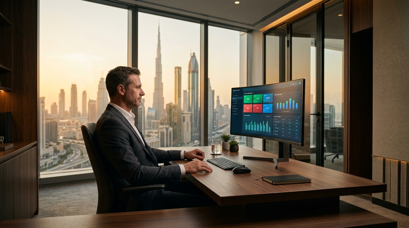 Software company executive reviewing a financial dashboard from a Dubai office